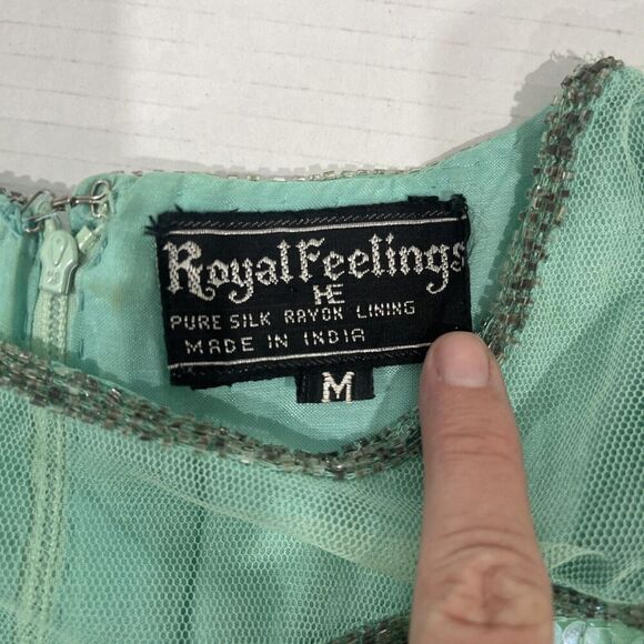 Vtg Royal Feelings Sz M Blouse Sequin Beaded Floral Top Sea Foam Green Cruise - Picture 6 of 13